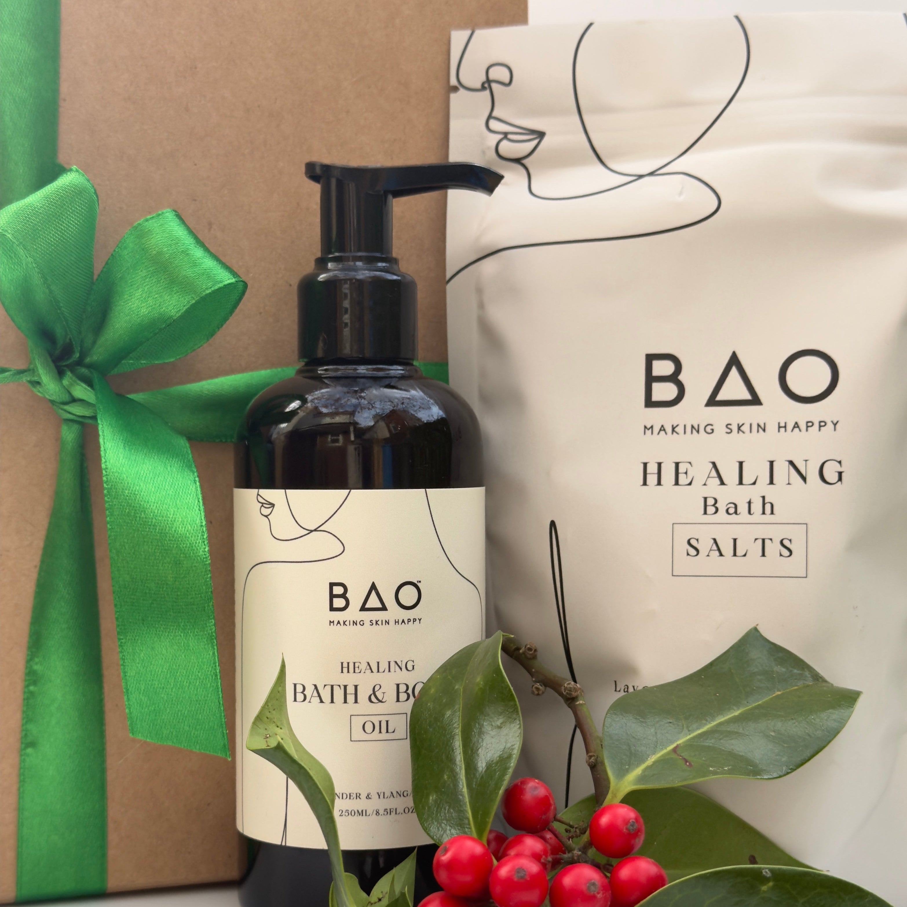 BAO Healing Bath Salts bottle with packaging and decorative elements on a white background