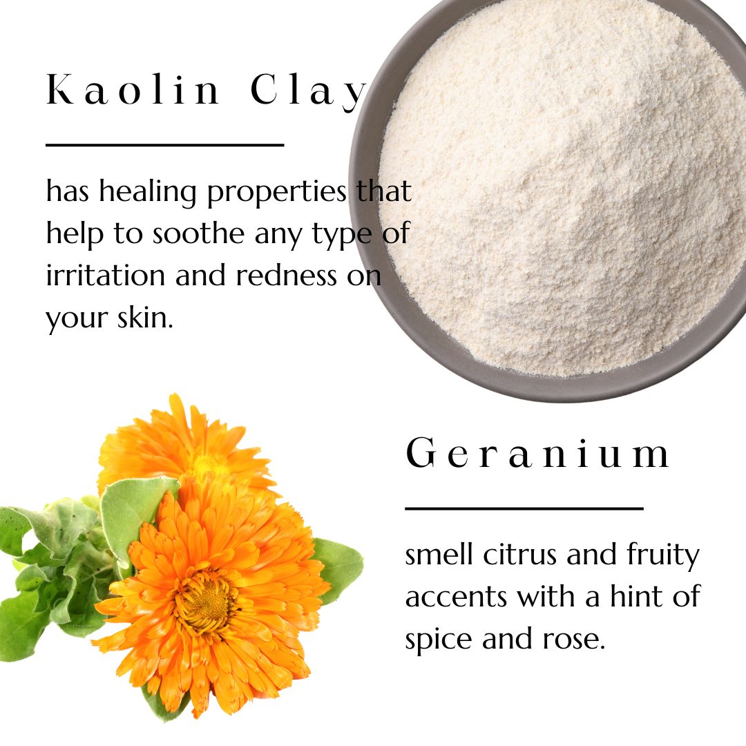 Kaolin clay and geranium flowers, key ingredients in BAO Healing Bath Salts