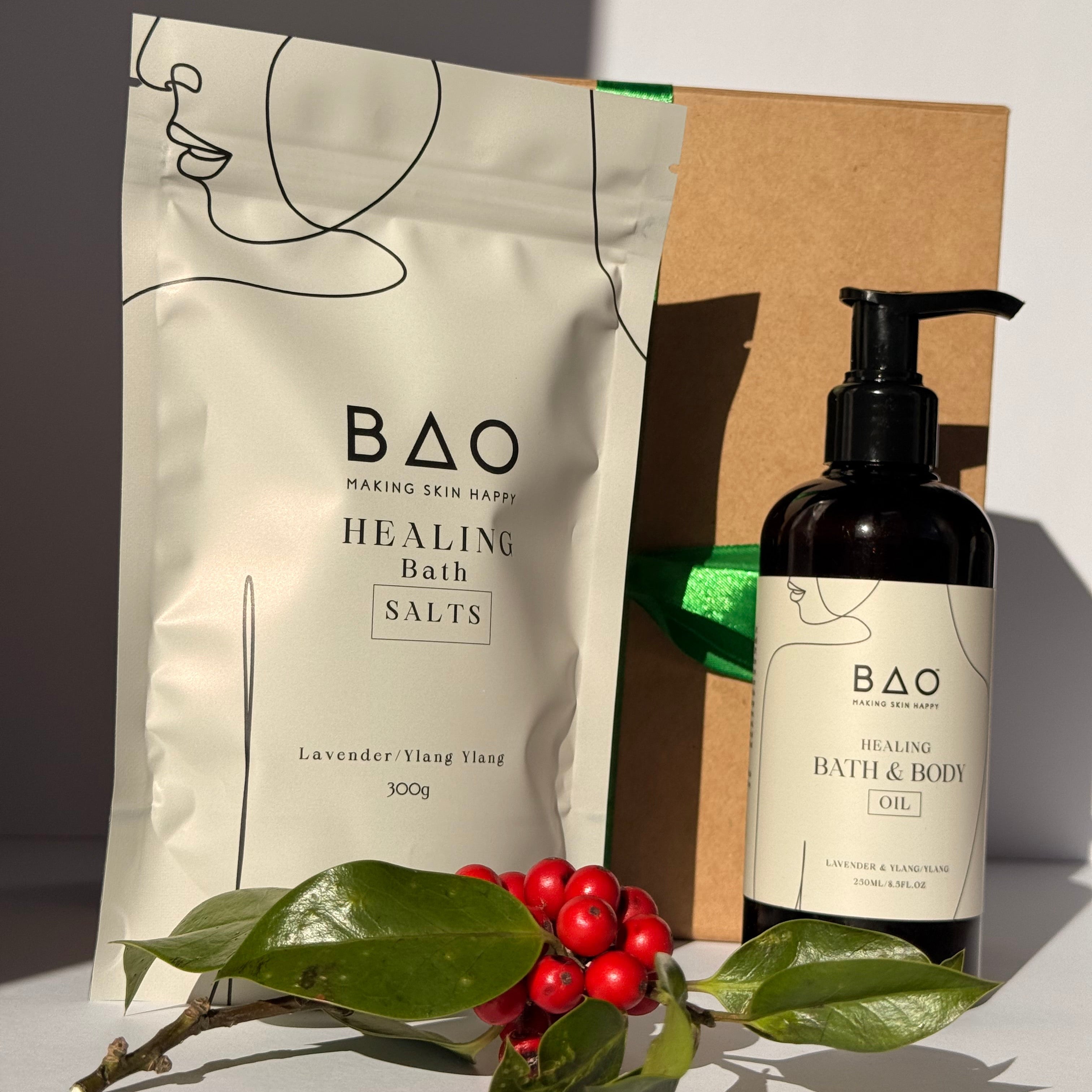 BAO bath and body products with a leafy branch on a neutral background