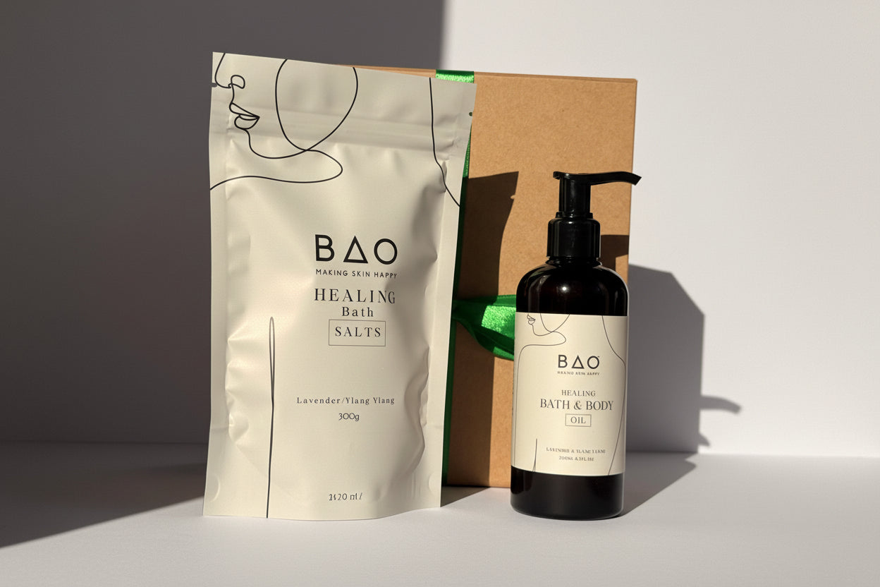 BAO bath and body products with a leafy branch on a neutral background