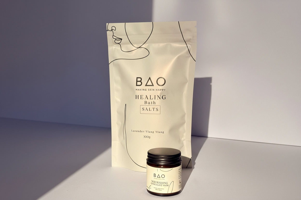 Bao Healing Bath Salts packaging with a small container and leaves on a light background