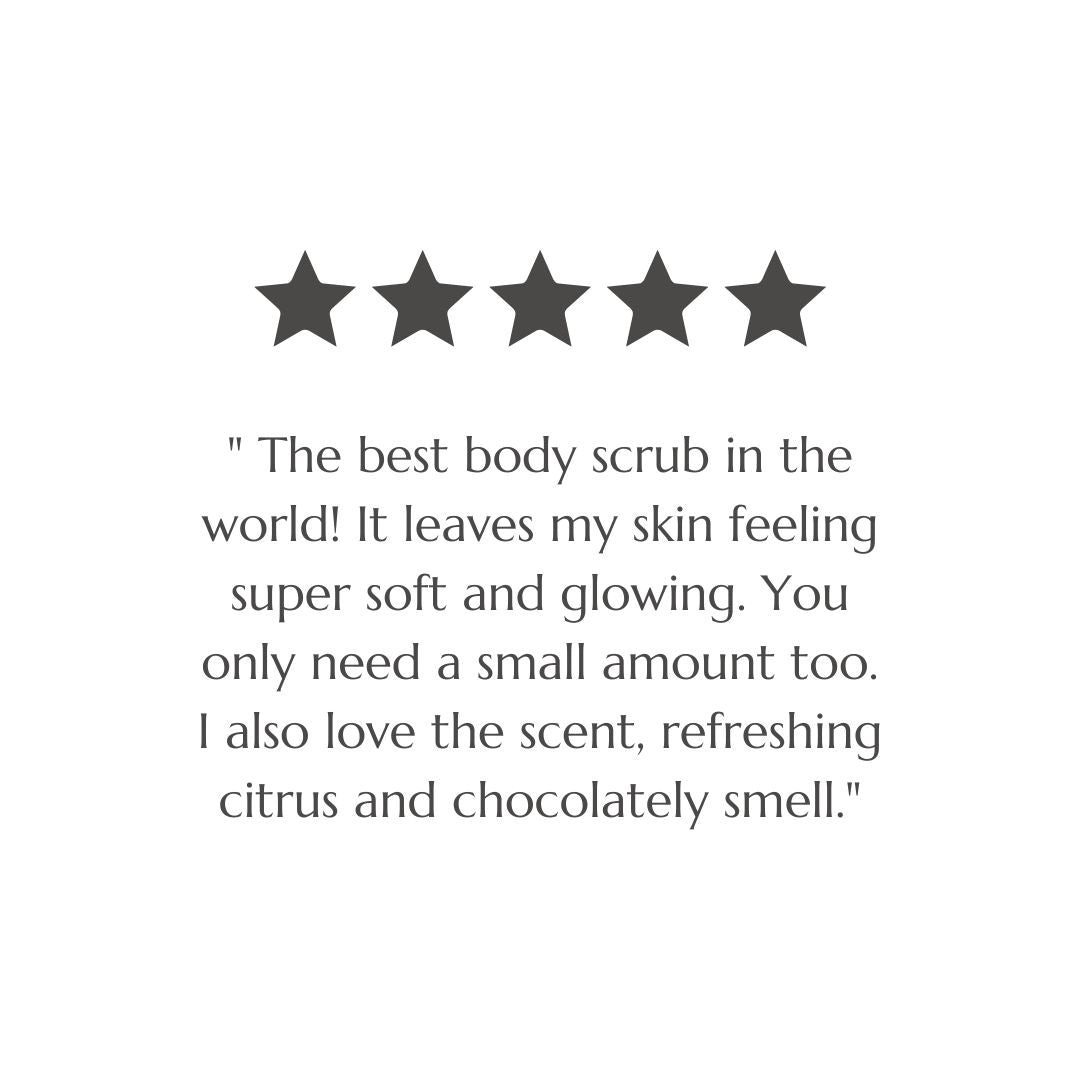 Customer review screenshot praising BAO Luminosity Body Scrub for softening and glowing skin