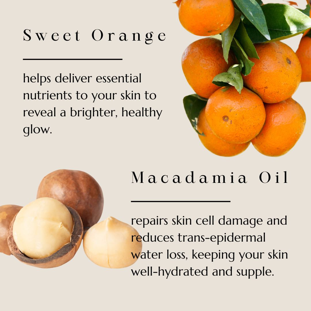 Sweet oranges and macadamia nuts, key ingredients in BAO Radiance Face Scrub
