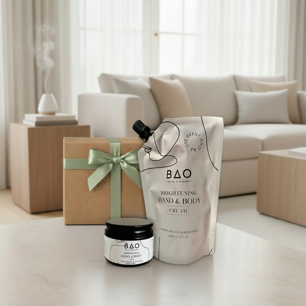 BAO brightening hand and body cream packaging with a gift box and red ribbons on a light background.