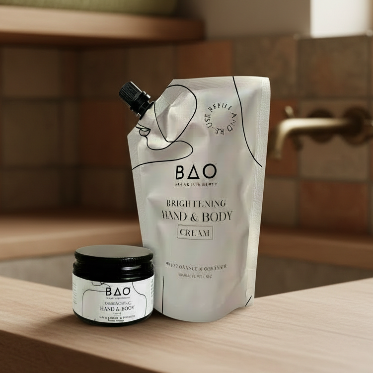BAO skincare products on a bathroom counter with towels in the background