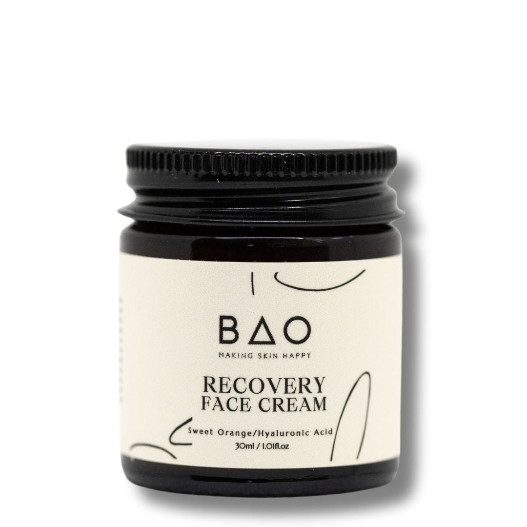 BAO Recovery Face Cream in a closed amber glass jar on a white background