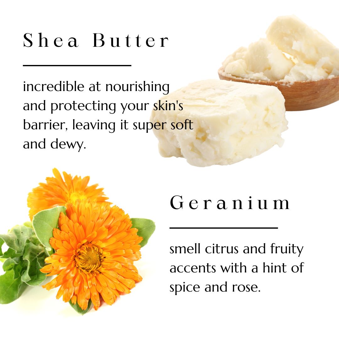 Shea butter and geranium flowers, key ingredients in BAO Brightening Hand & Body Cream