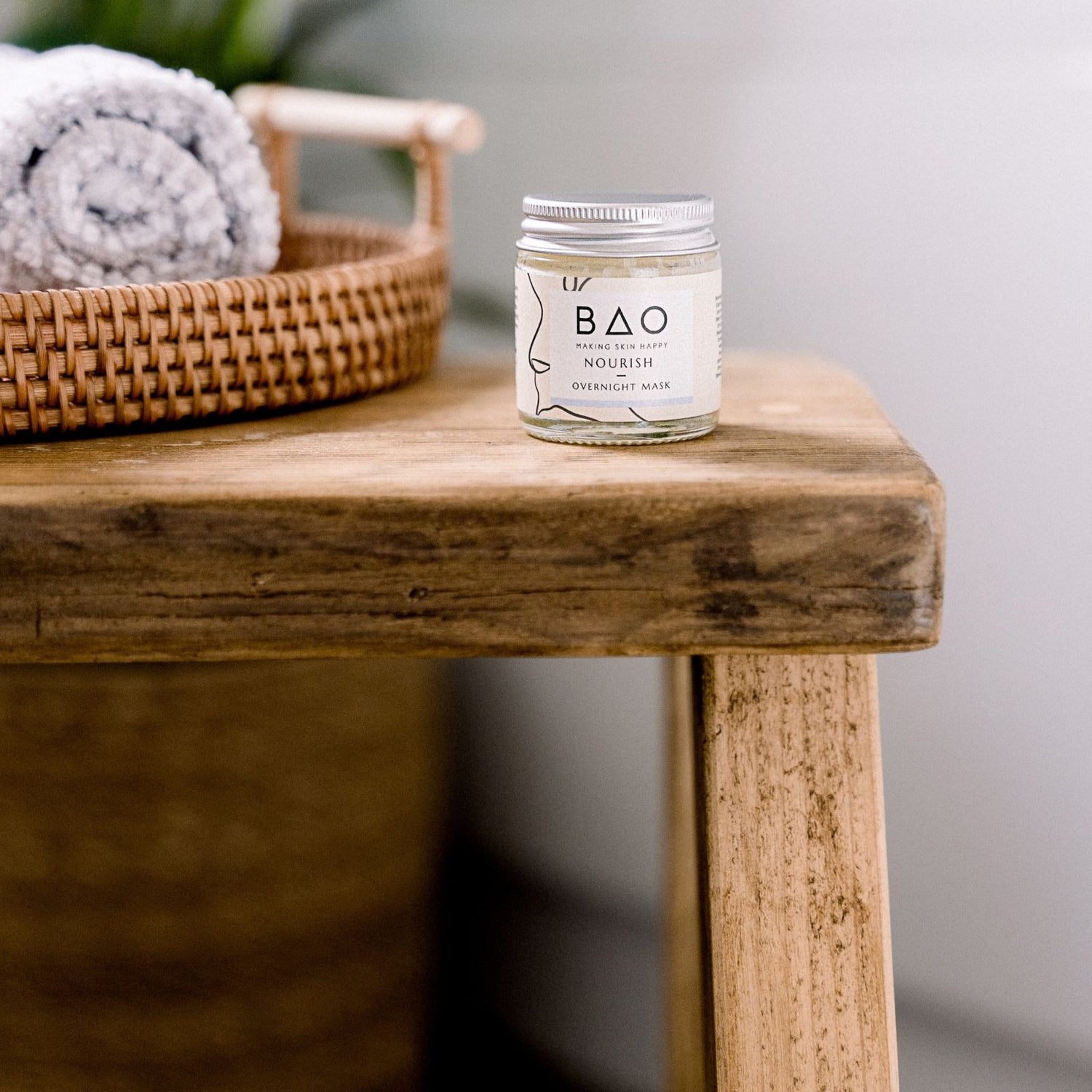 BAO Nourish Overnight Mask on a bathroom stool