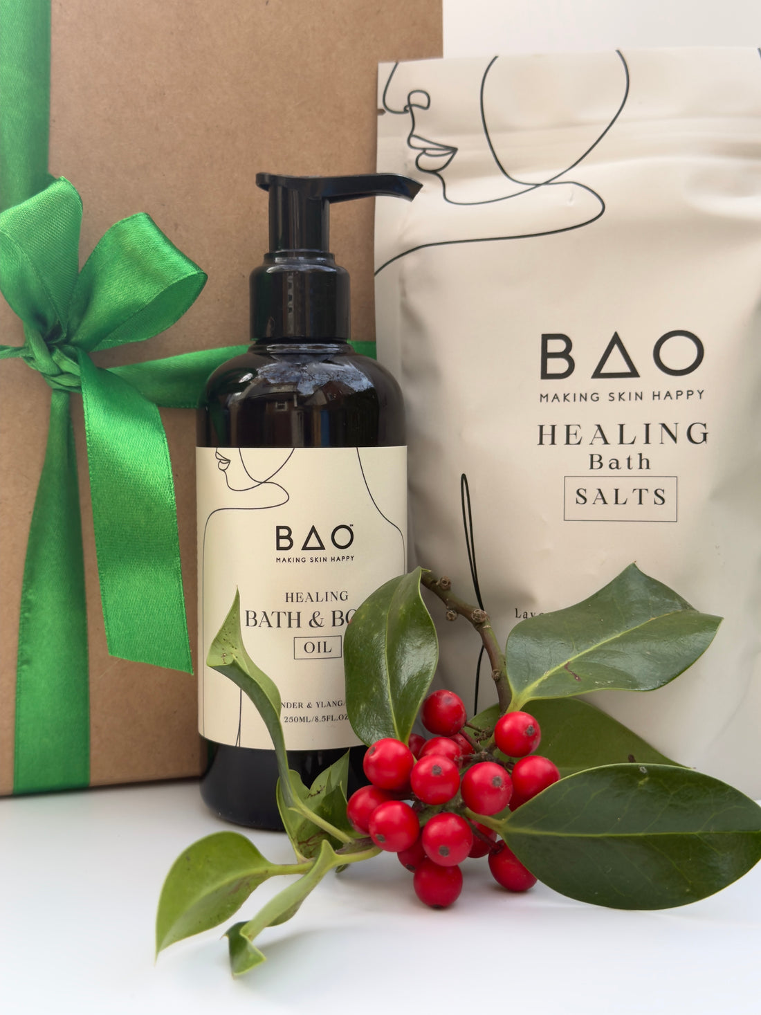 BAO Healing Bath Salts bottle with packaging and decorative elements on a white background