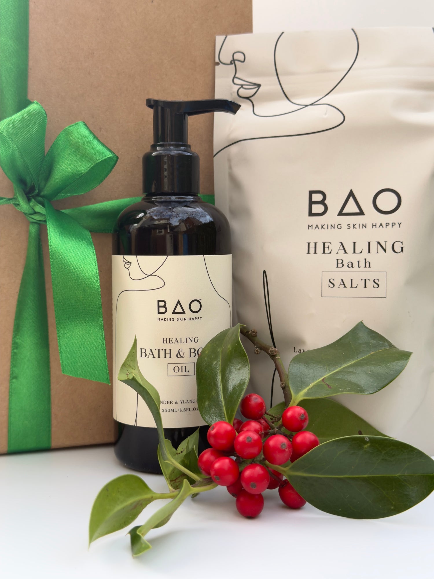 BAO Healing Bath Salts bottle with packaging and decorative elements on a white background
