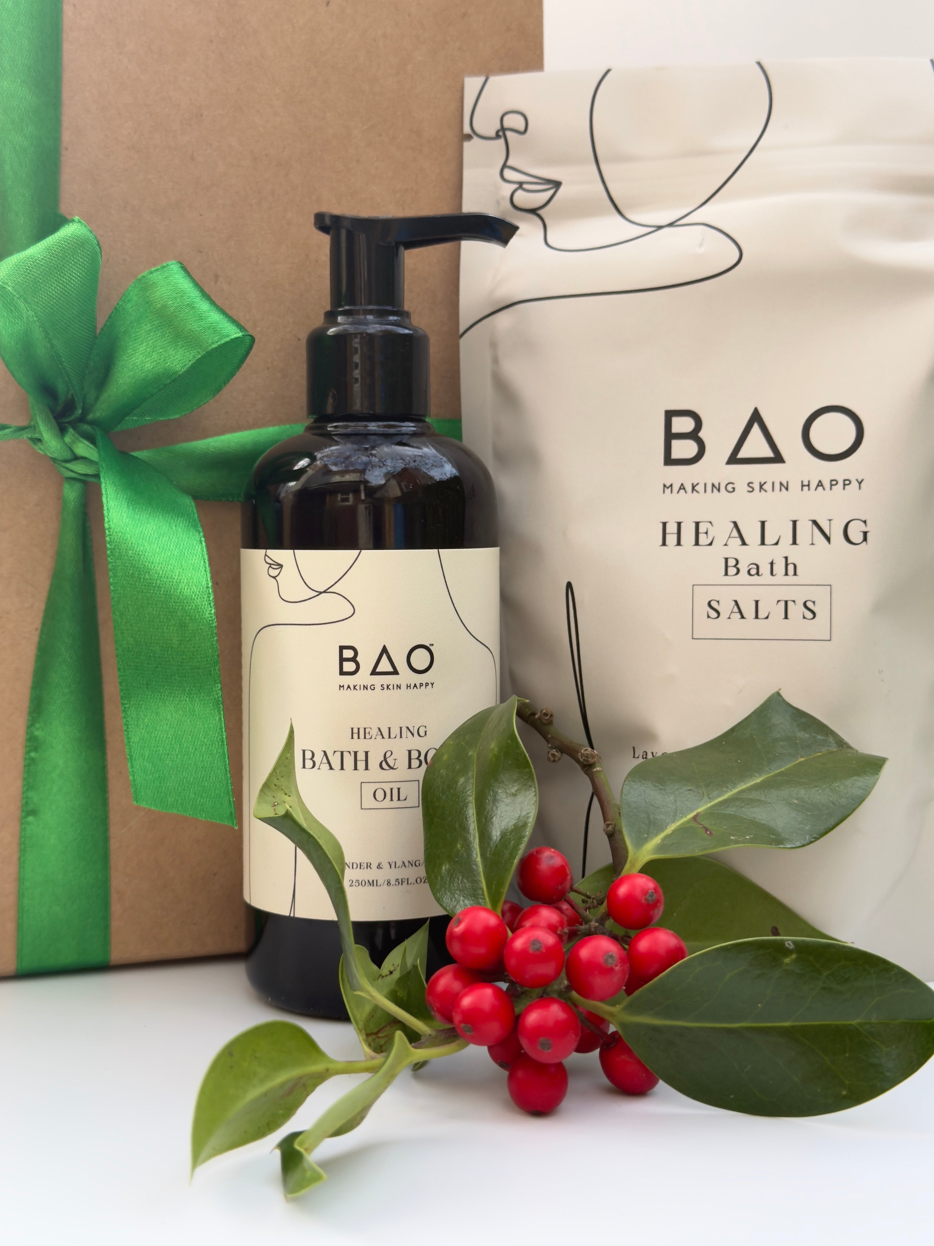 BAO Healing Bath Salts bottle with packaging and decorative elements on a white background