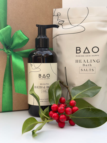 BAO Healing Bath Salts bottle with packaging and decorative elements on a white background