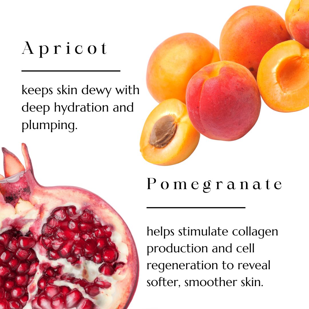 Ingredient graphic listing apricot and pomegranate benefits in BAO Healing Bath &amp; Body Oil