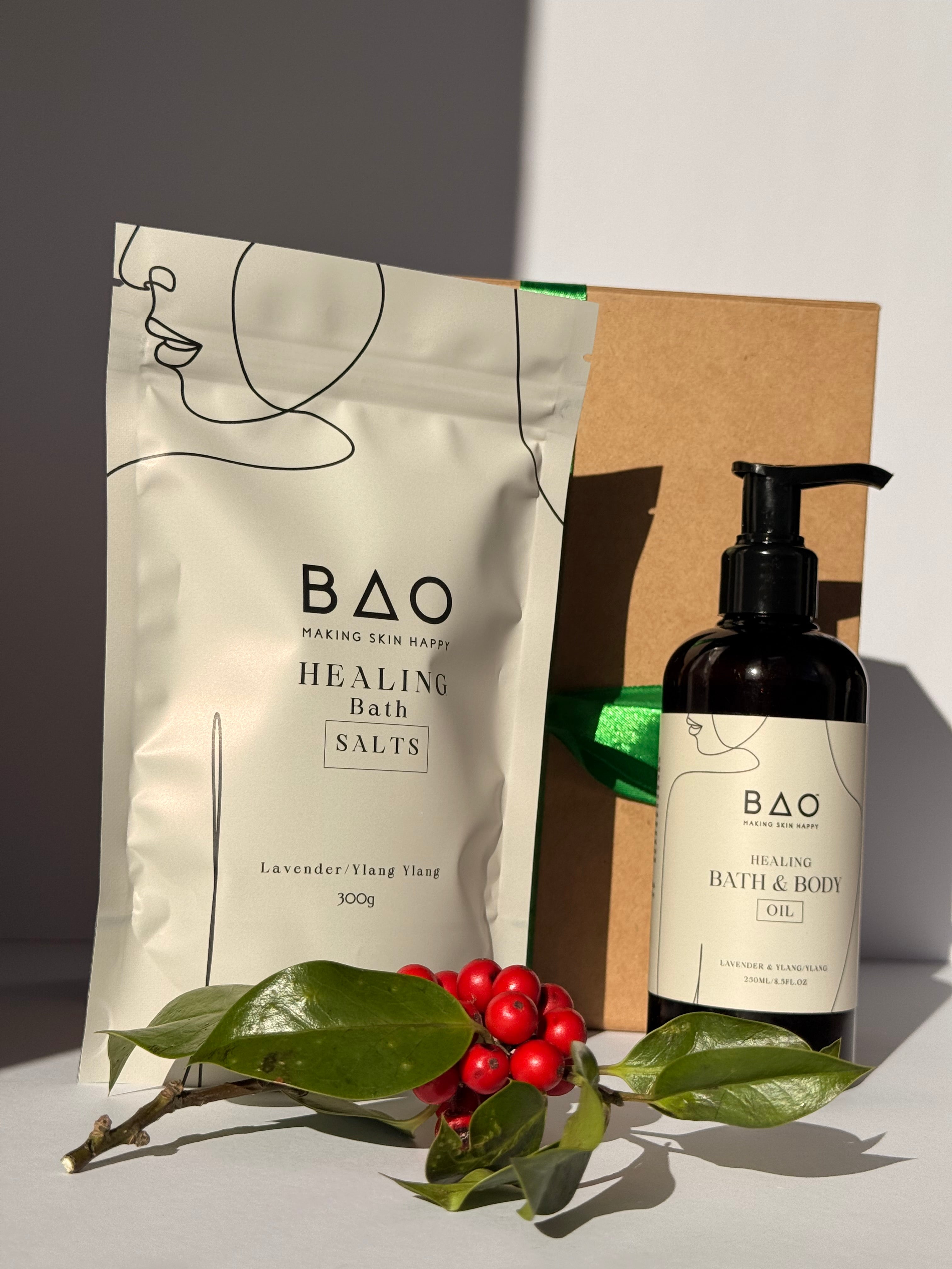 BAO bath and body products with a leafy branch on a neutral background