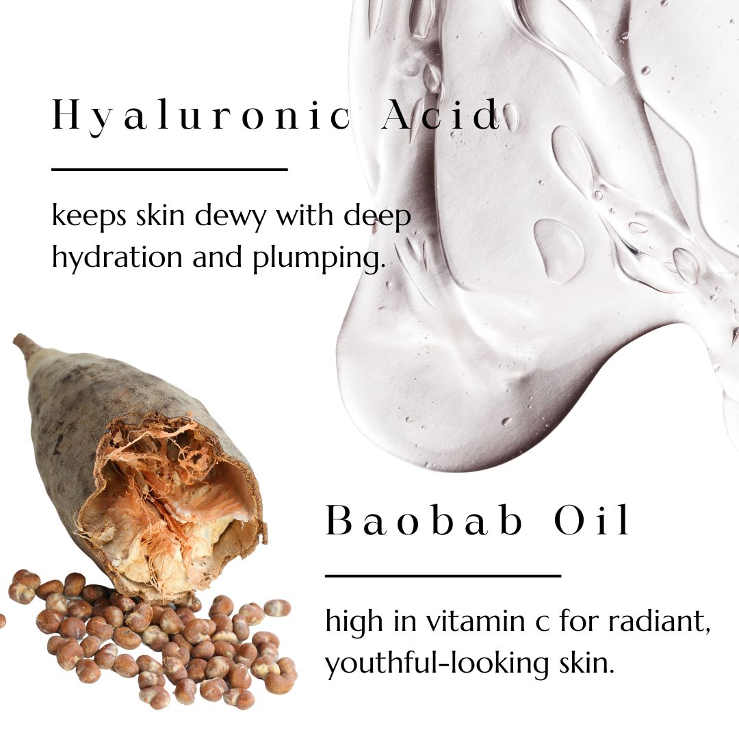 Baobab pod and seeds, ingredients in BAO Recovery Face Cream, alongside a hyaluronic acid gel swatch