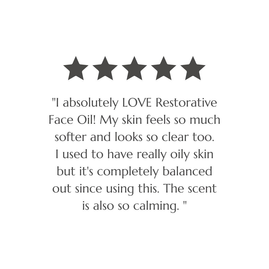Customer review screenshot praising BAO Restorative Face Oil for balancing oily skin