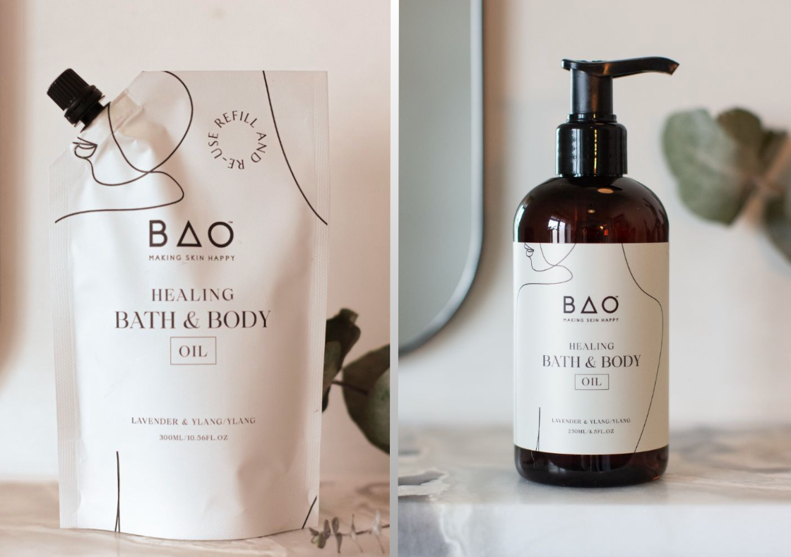 BAO Healing Bath &amp; Body Oil refill pouch and pump bottle shown side by side