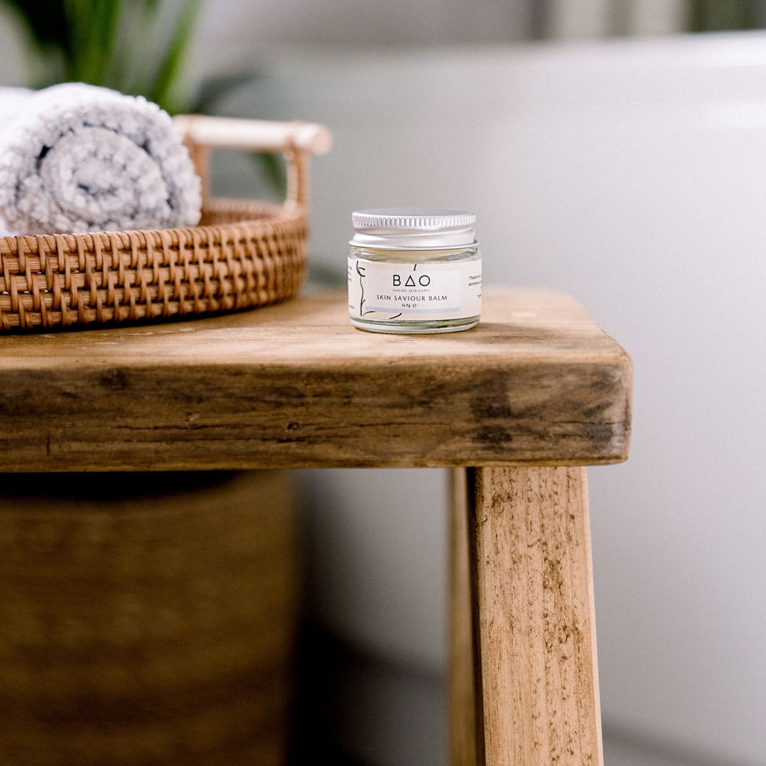 Organic and vegan skin saviour balm on a bathroom stool