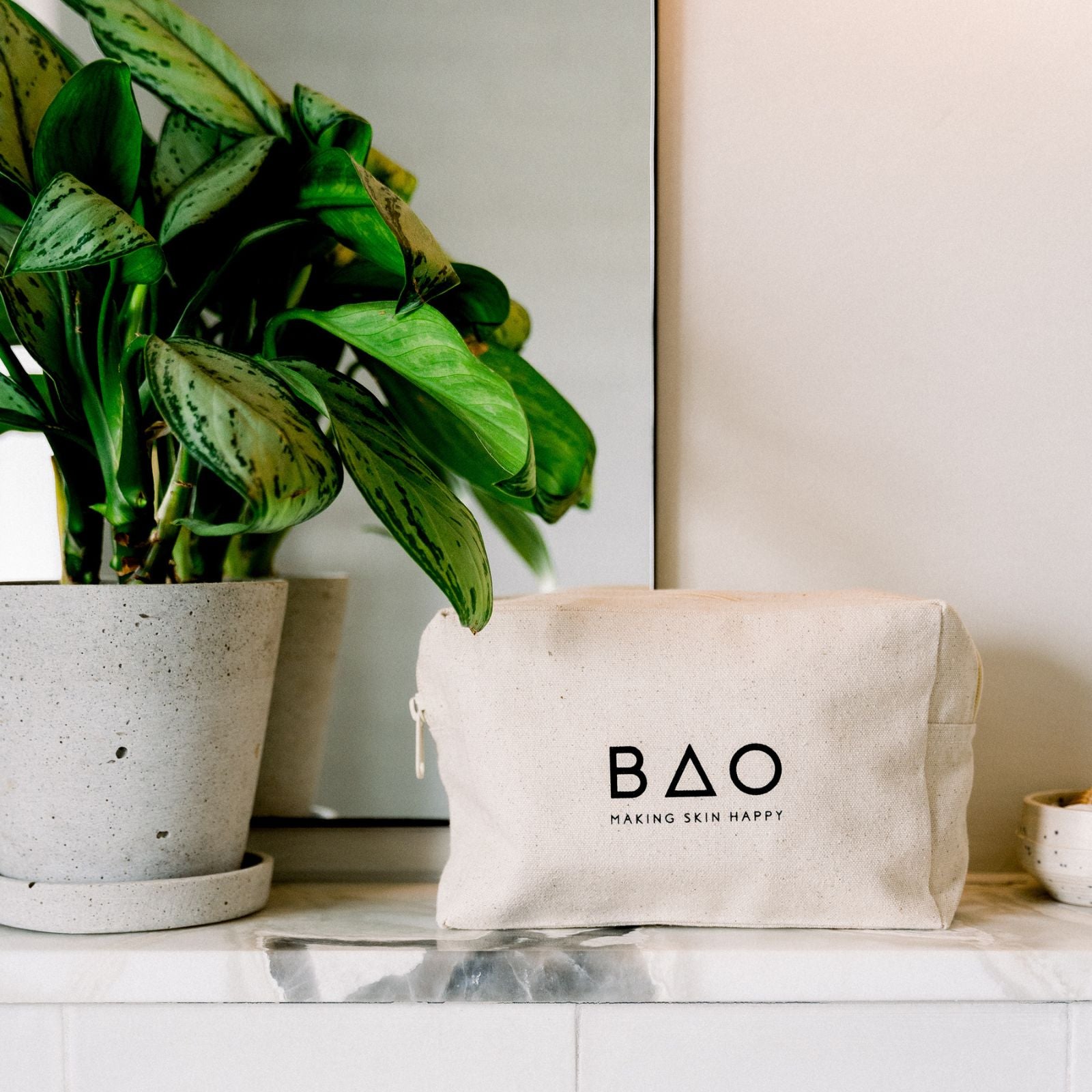 BAO branded canvas bag on a marble shelf in front of a mirror and plant