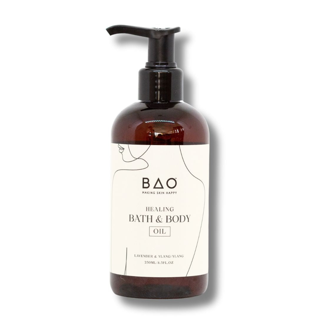 BAO Healing Bath &amp; Body Oil in a pump bottle on a white background