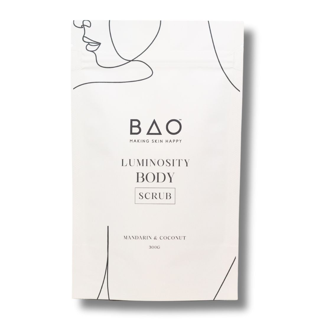 BAO Luminosity Body Scrub pouch on a white background